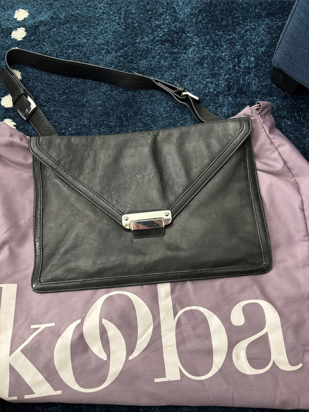 Kooba Black Leather Envelope Shoulder Bag with Silver Hardware
